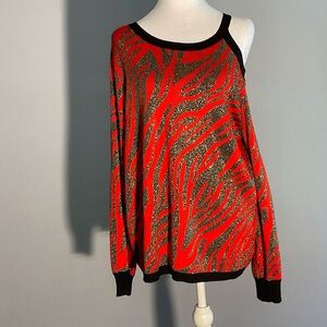 Willow Drive Red Black Silver Lg Holiday Sweater with an Asymmetrical Neckline